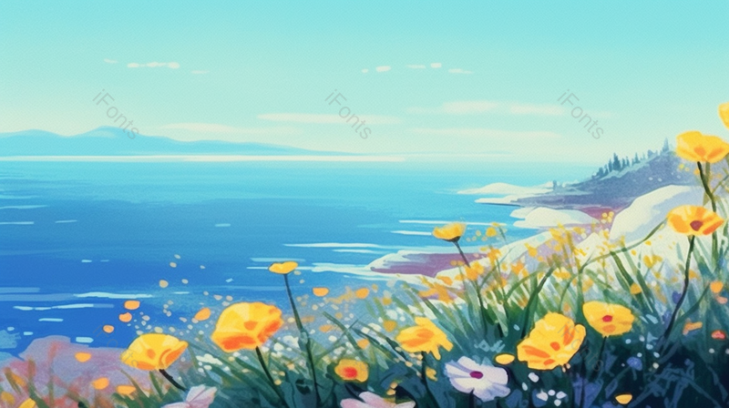 夏日蓝色海景花朵质感水粉画,插画/手绘图,插画/手绘图库,插画/手绘图下载,插画/手绘